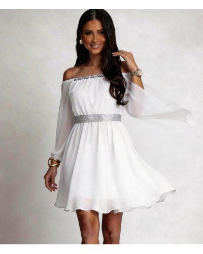 Rochii albe, Rochie cununie civila scurta, din voal, alba, cu maneca lunga, vaporoasa, Alexia - jojofashion.ro
