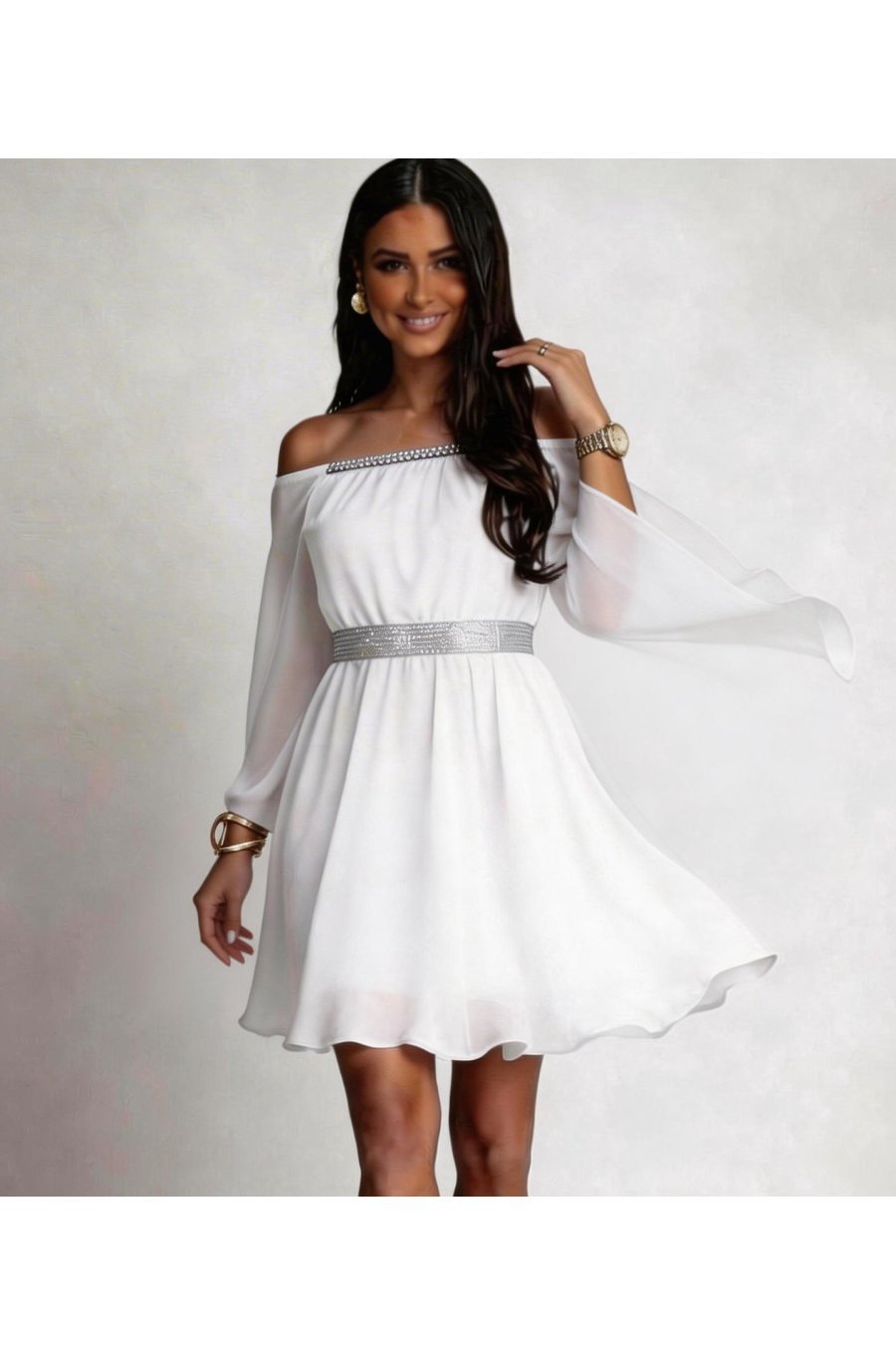 Rochie cununie civila scurta, din voal, alba, cu maneca lunga, vaporoasa, Alexia 2 - jojofashion.ro