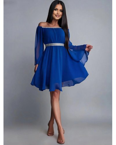 Rochii de Ocazie Elegante, Rochie midi albastra din voal vaporoasa Alexia - jojofashion.ro