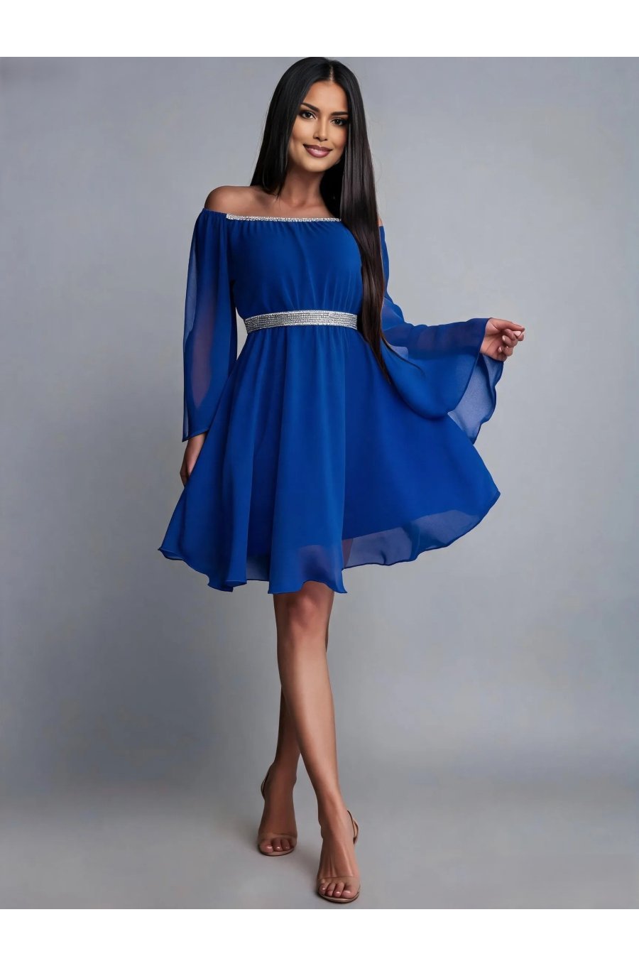 Rochie midi albastra din voal vaporoasa Alexia 1 - jojofashion.ro