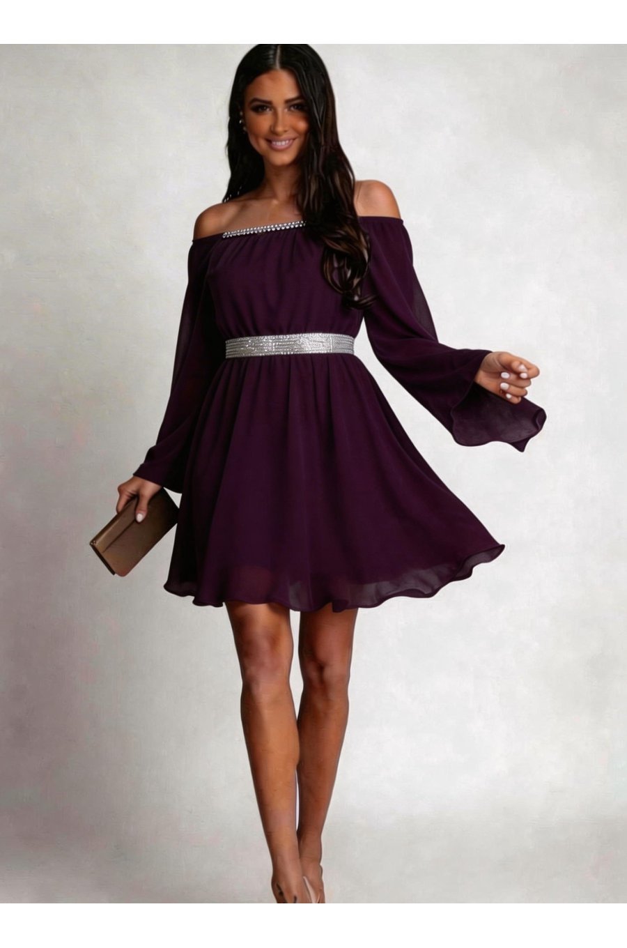 Rochie de ocazie midi vaporoasa din voal mov Alexia 1 - jojofashion.ro