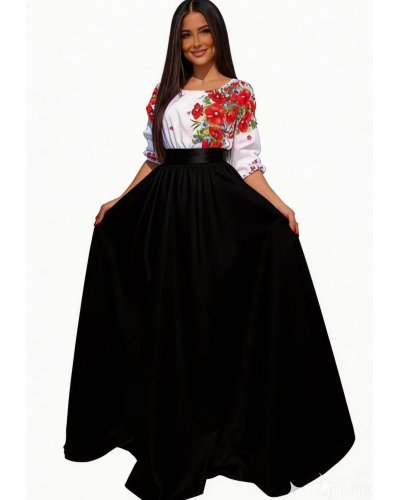 Rochii tafta, Rochie lunga neagra traditionala din tafta cu maci rosii Anna - jojofashion.ro