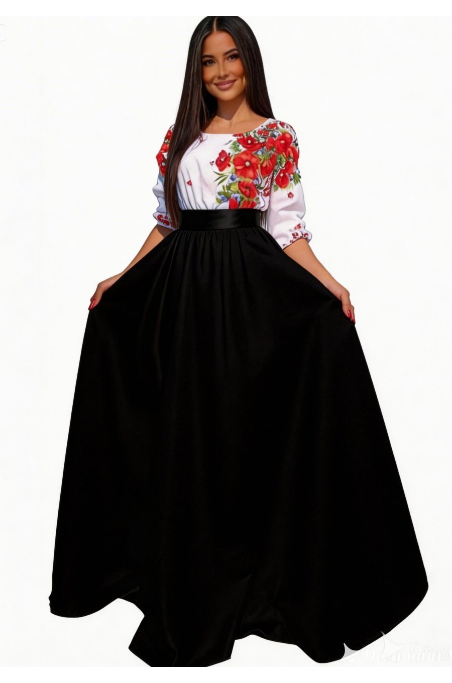 Rochie lunga neagra traditionala din tafta cu maci rosii Anna 1 - jojofashion.ro