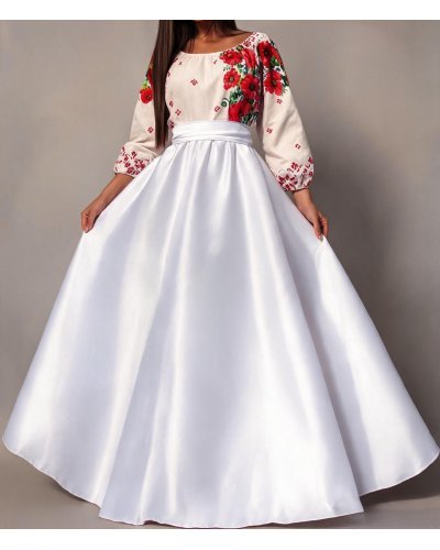 Rochii traditionale, Rochie traditionala lunga din tafta alba Anna - jojofashion.ro