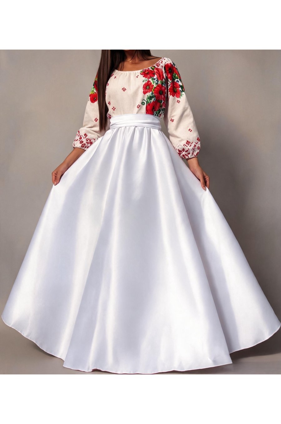 Rochie traditionala lunga din tafta alba Anna 1 - jojofashion.ro