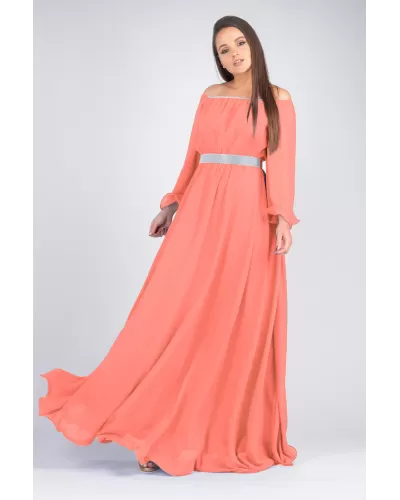 Rochii marimi mari, Rochie eleganta lunga, din voal roz somon, vaporoasa, Cinderella - jojofashion.ro