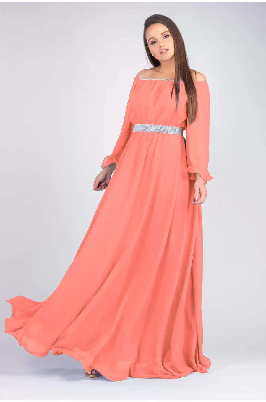 Rochie eleganta lunga, din voal roz somon, vaporoasa, Cinderella 1 - jojofashion.ro
