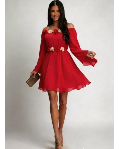 Rochii de Ocazie Elegante, Rochie scurta rosie din voal vaporoasa cu maneca lunga Raisa - jojofashion.ro