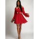 Rochie scurta rosie din voal vaporoasa cu maneca lunga Raisa 3 - jojofashion.ro
