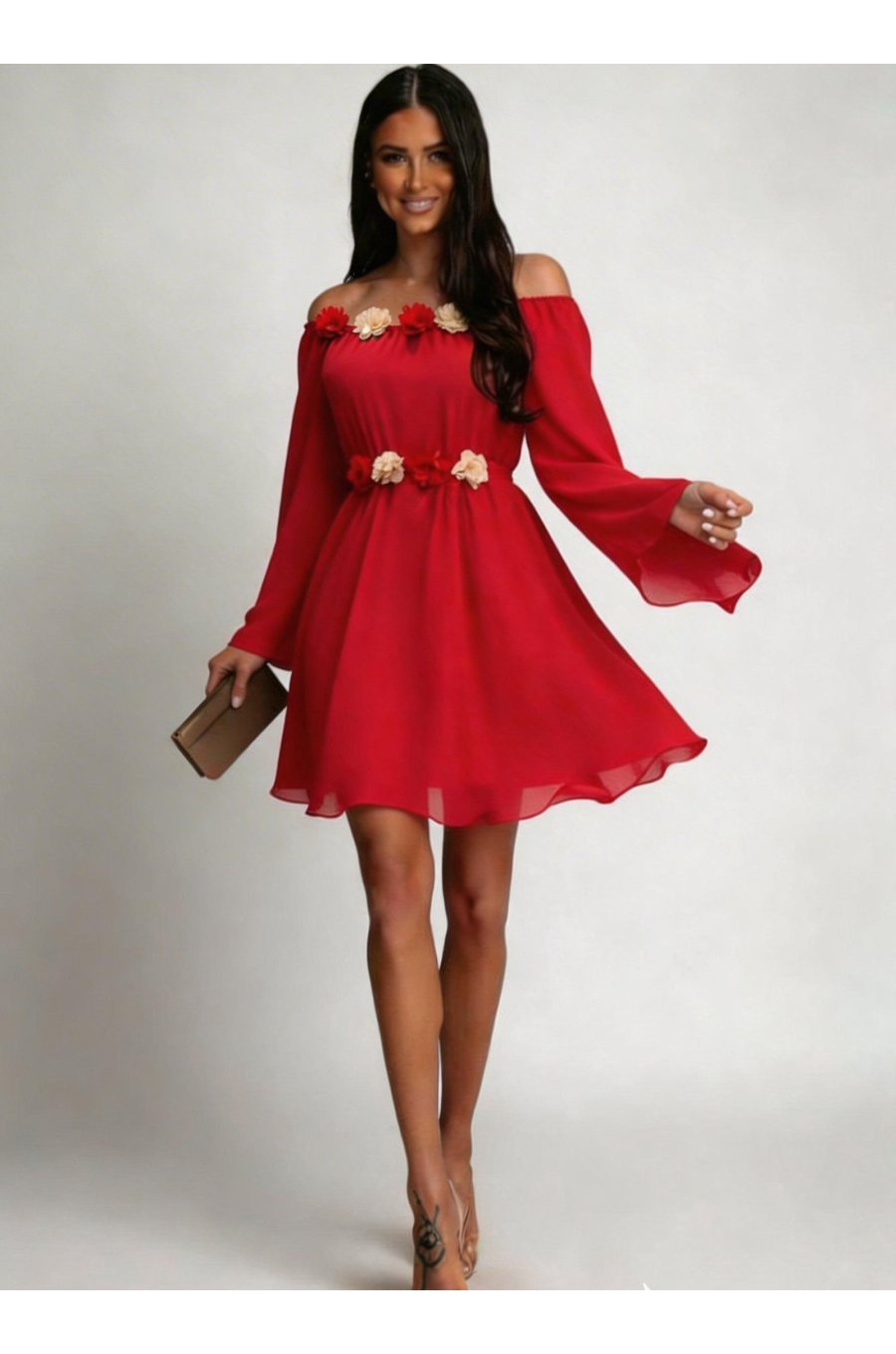 Rochie scurta rosie din voal vaporoasa cu maneca lunga Raisa 2 - jojofashion.ro
