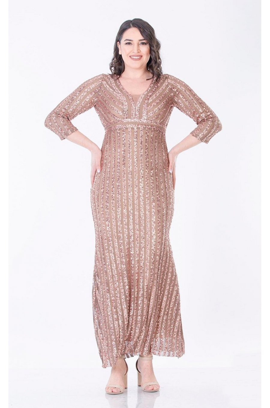 Rochie lunga mulata aurie din paiete Sophie 3 - jojofashion.ro