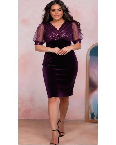 Rochii de Ocazie Elegante, Rochie marime mare midi cu paiete mov pe bust Blanka - jojofashion.ro