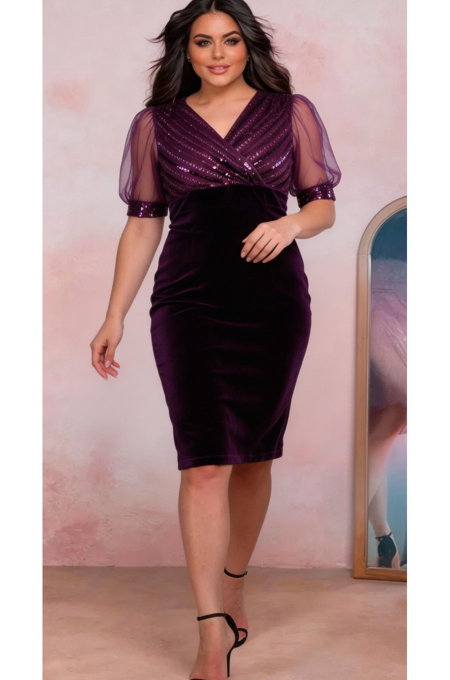Rochie marime mare midi cu paiete mov pe bust Blanka 2 - jojofashion.ro