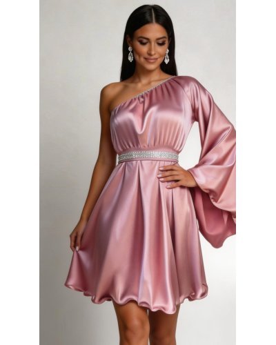 Rochii, Rochie baby doll din satin roz cu maneca lunga Melike  - jojofashion.ro