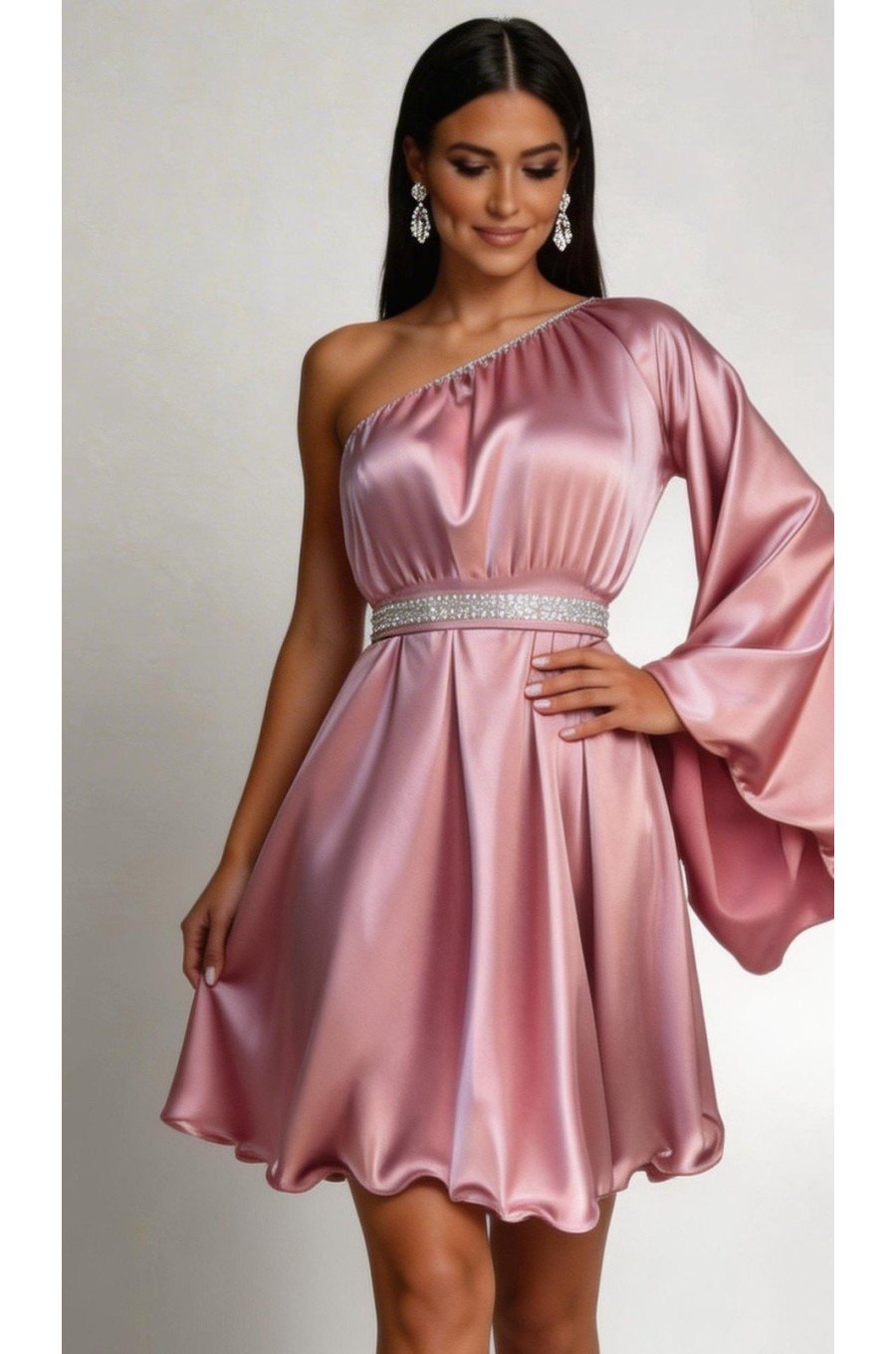 Rochie baby doll din satin roz cu maneca lunga Melike  1 - jojofashion.ro