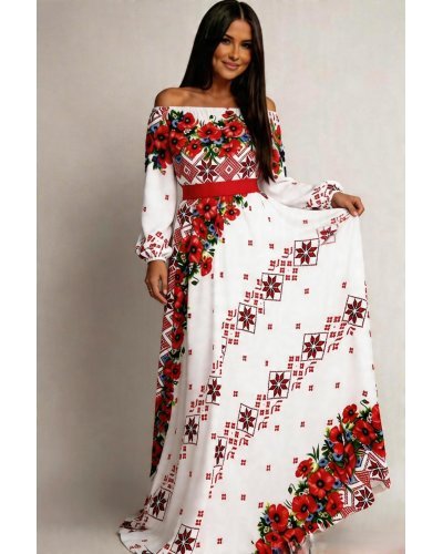 Rochii de zi, Rochie traditionala lunga alba cu maci rosii Lorelei - jojofashion.ro