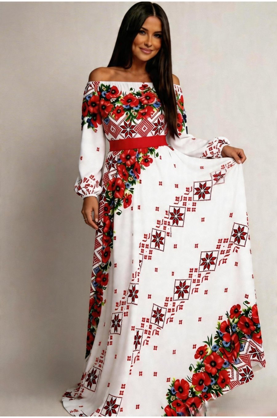 Rochie traditionala lunga alba cu maci rosii Lorelei 1 - jojofashion.ro