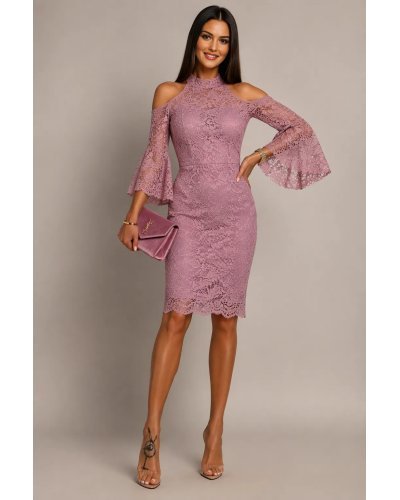 Rochii cu umerii goi, Rochie eleganta midi din dantela roz pal cu maneci clopot Asmina - jojofashion.ro