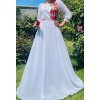 Rochie traditionala lunga alba din voal vaporoasa cu maci rosii Emanuela