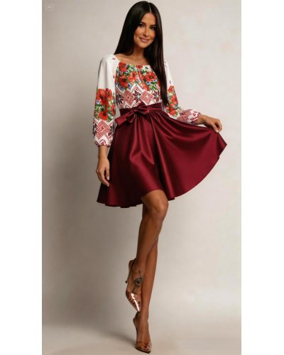 Rochii traditionale, Rochie traditionala midi din tafta burgundy cu maci Azra - jojofashion.ro