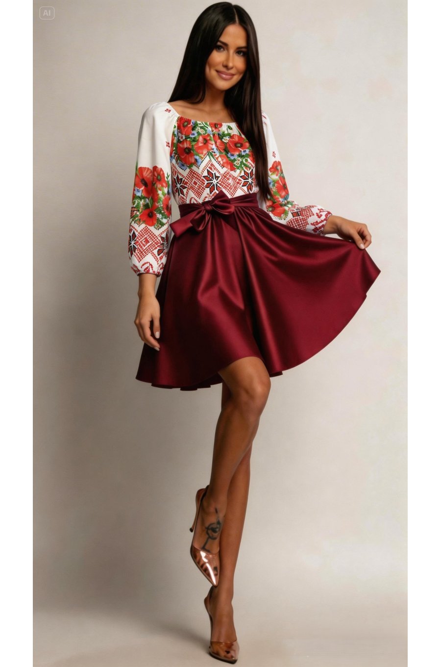 Rochie traditionala midi din tafta burgundy cu maci Azra 2 - jojofashion.ro