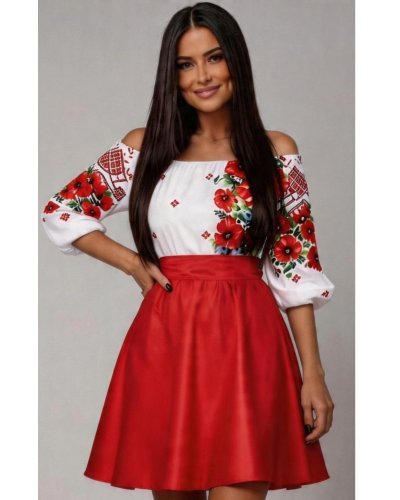 Rochii, Rochie traditionala midi din tafta rosie cu maci Azra - jojofashion.ro