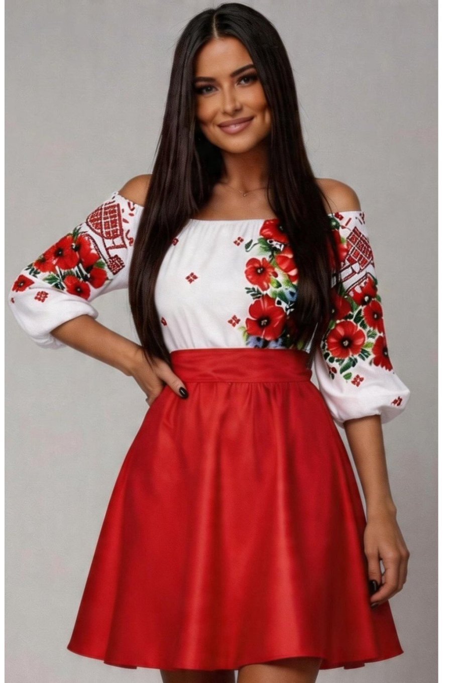 Rochie traditionala midi din tafta rosie cu maci Azra 2 - jojofashion.ro