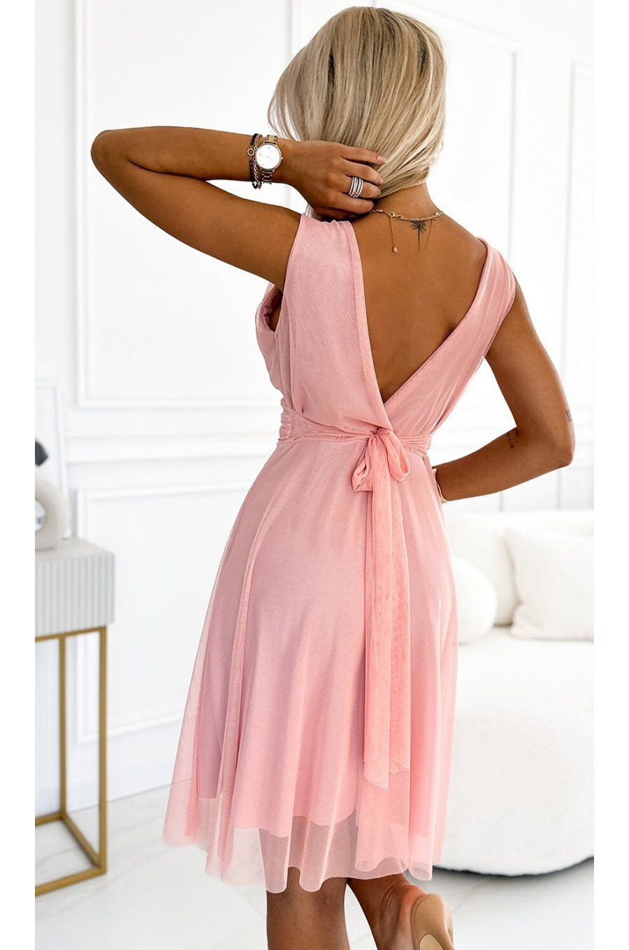 Rochie scurta roz pal baby doll din tulle petrecuta Ramya 2 - jojofashion.ro