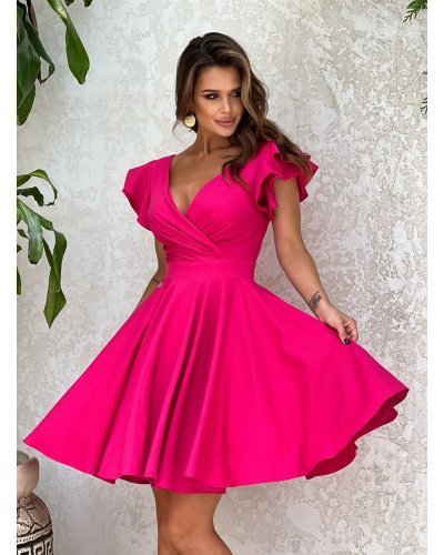 Rochie baby doll scurta din vascoza roz zmeura cu volane la maneca Everly Rochii cununie civila, Rochie baby doll scurta din vascoza roz zmeura cu volane la maneca Everly - jojofashion.ro
