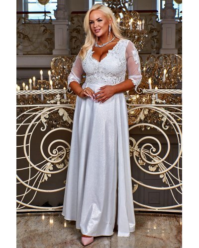 Rochie cununie civila lunga XXL, din brocard si dantela, alba, cu maneca trei sferturi, Adalyze Rochii lungi, Rochie cununie civila lunga XXL, din brocard si dantela, alba, cu maneca trei sferturi, Adalyze - jojofashion.ro