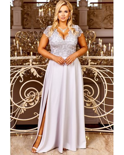 Rochie de cununie eleganta marime mare lunga dantela gri Arianza Rochii lungi, Rochie de cununie eleganta marime mare lunga dantela gri Arianza - jojofashion.ro