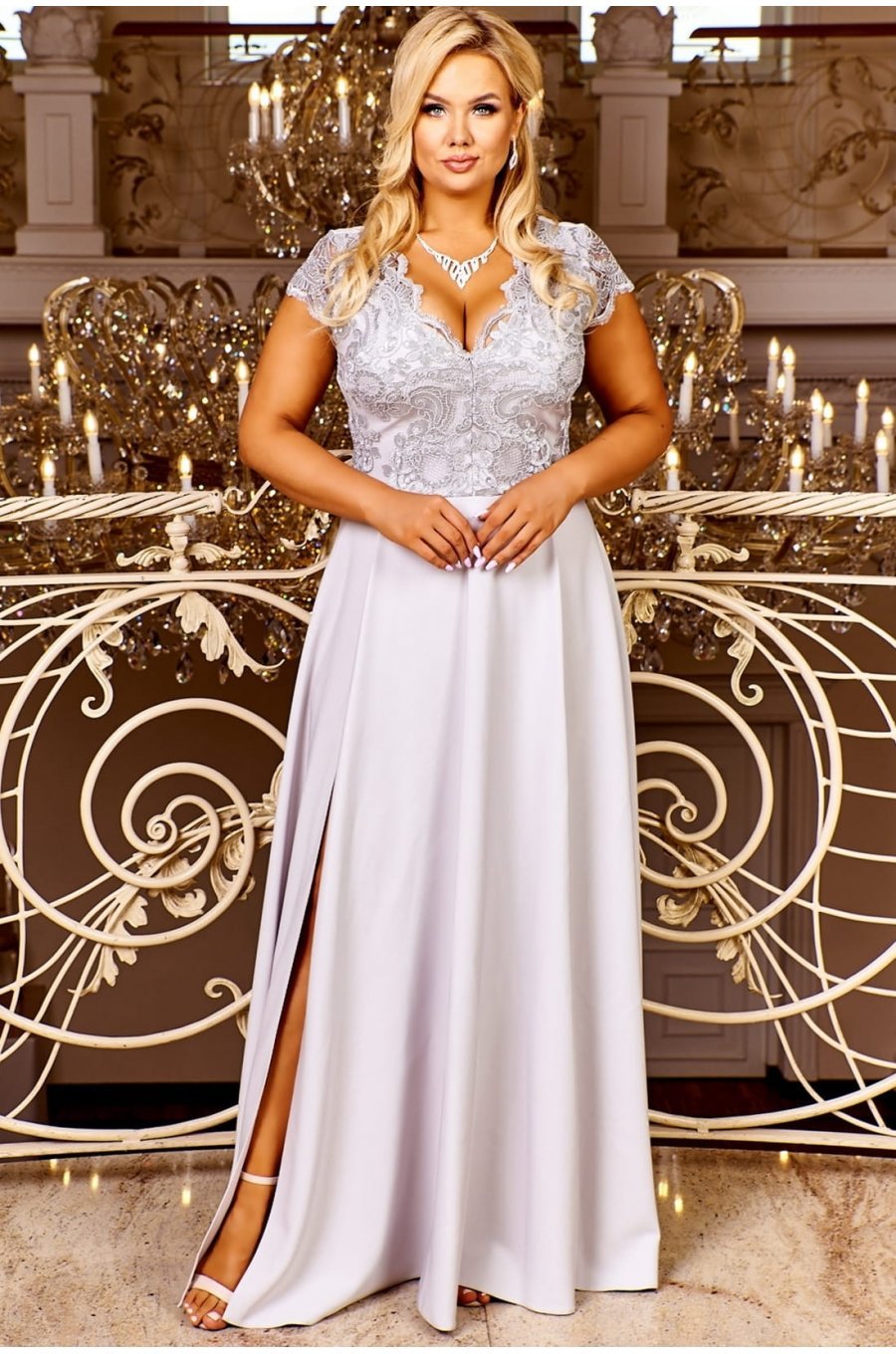 Rochie de cununie eleganta marime mare lunga dantela gri Arianza 1 - jojofashion.ro