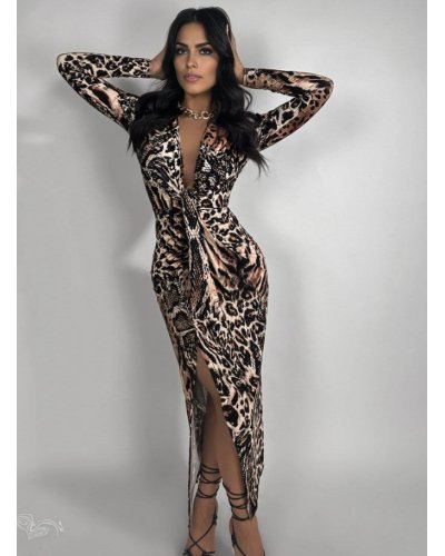 Rochie lunga mulata animal print cu maneca lunga si decolteu in V Nidia Rochii lungi, Rochie lunga mulata animal print cu maneca lunga si decolteu in V Nidia - jojofashion.ro