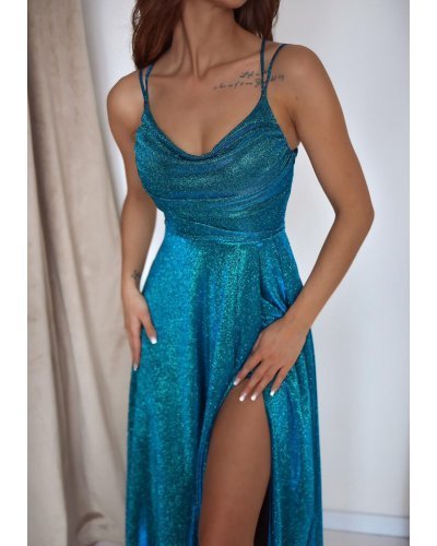 Rochie lunga verde turcoaz din glitter cu bust tip corset ValeriaLux Rochii lungi, Rochie lunga verde turcoaz din glitter cu bust tip corset ValeriaLux - jojofashion.ro