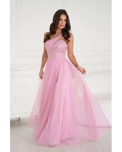 Rochie de ocazie lunga roz pal cu tulle si paiete Louanna Rochii lungi, Rochie de ocazie lunga roz pal cu tulle si paiete Louanna - jojofashion.ro