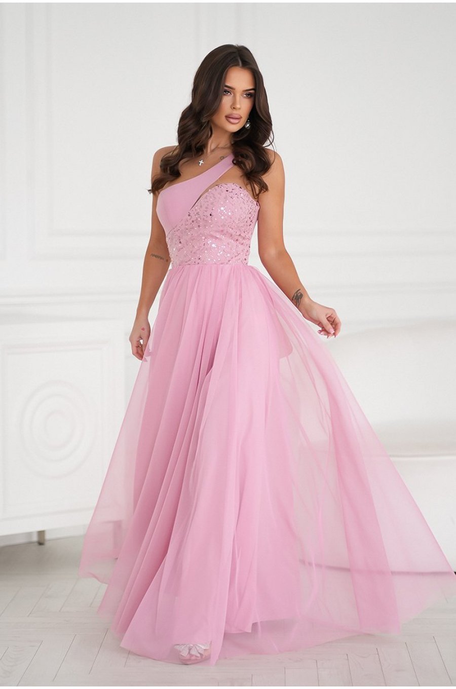 Rochie de ocazie lunga roz pal cu tulle si paiete Louanna 1 - jojofashion.ro
