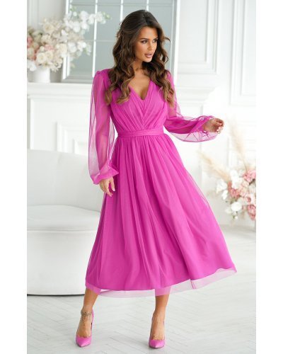 Rochie midi din tul cu glitter bishop evazata cu maneca lunga Petra Rochii de Ocazie Elegante, Rochie midi din tul cu glitter bishop evazata cu maneca lunga Petra - jojofashion.ro