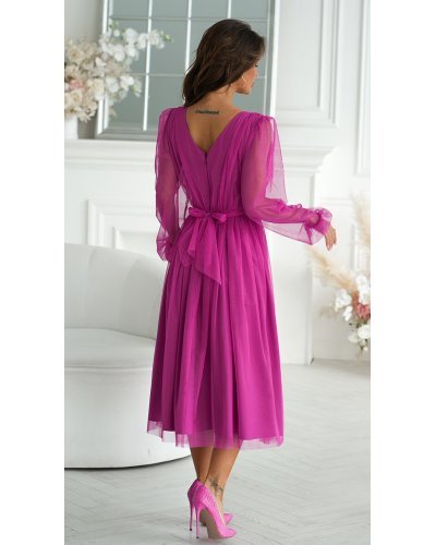 Rochie midi din tul cu glitter bishop evazata cu maneca lunga Petra Rochii de Ocazie Elegante, Rochie midi din tul cu glitter bishop evazata cu maneca lunga Petra - jojofashion.ro