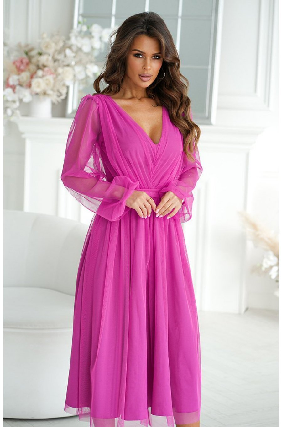 Rochie midi din tul cu glitter bishop evazata cu maneca lunga Petra Rochie midi din tul cu glitter bishop evazata cu maneca lunga Petra 4 - jojofashion.ro