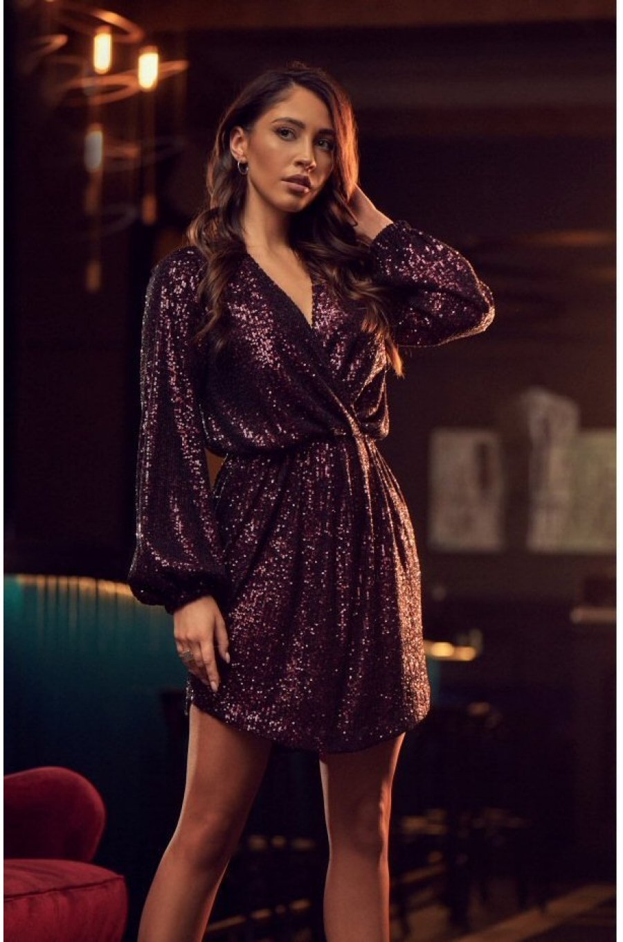 Rochie scurta din paiete burgundy cu maneca lunga Ayana 1 - jojofashion.ro