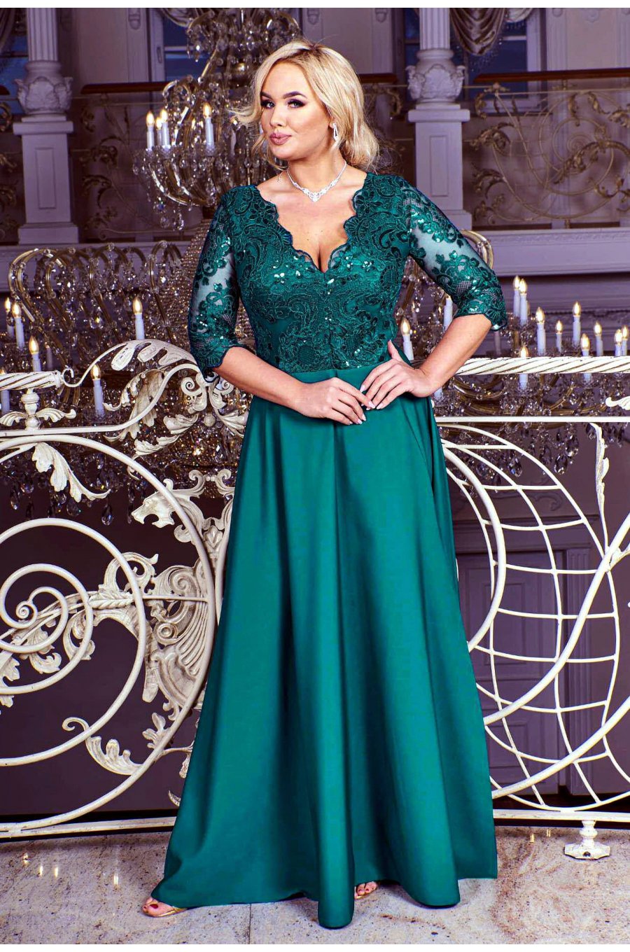 Rochie de seara eleganta in marimi mari lunga, cu broderie, verde, Alizaa 1 - jojofashion.ro