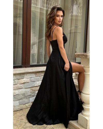 Rochie lunga neagra eleganta din satin Aleeza Rochii satin, Rochie lunga neagra eleganta din satin Aleeza - jojofashion.ro