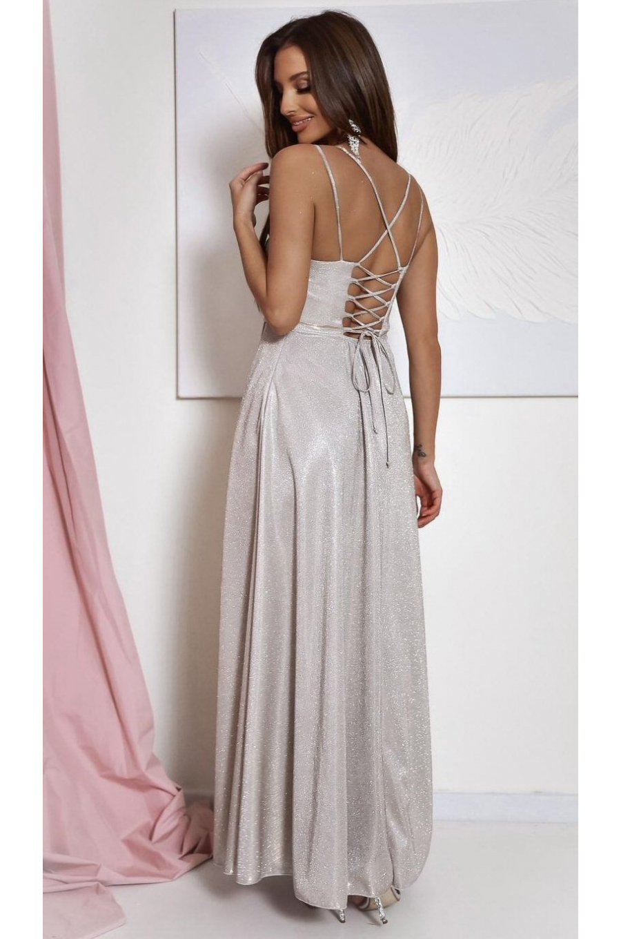 Rochie de seara lunga, glitter, aurie light, cu bust tip corset, ValeriaLux 2 - jojofashion.ro