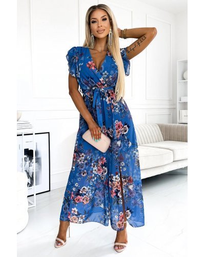 Rochie de vara lunga din chiffon bleu cu flori multicolore Virginia Rochii lungi, Rochie de vara lunga din chiffon bleu cu flori multicolore Virginia - jojofashion.ro