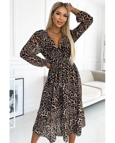 Rochie midi din chiffon leopard print vaporoasa cu maneca lunga Kitty Rochii de zi, Rochie midi din chiffon leopard print vaporoasa cu maneca lunga Kitty - jojofashion.ro