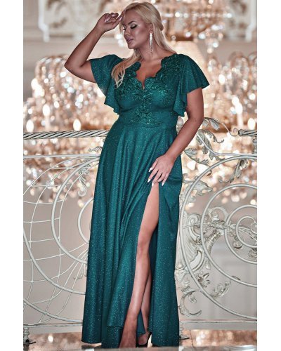 Rochie eleganta in marimi mari verde din dantela si brocard Laura Rochii lungi, Rochie eleganta in marimi mari verde din dantela si brocard Laura - jojofashion.ro