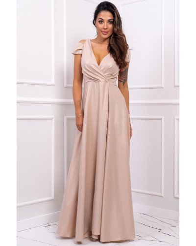 Rochie lunga aurie din brocard cu umerii goi Gala Rochii lungi, Rochie lunga aurie din brocard cu umerii goi Gala - jojofashion.ro