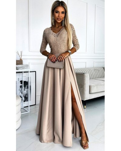 Rochie eleganta lunga bej cu bustul din dantela Allegria Rochii lungi, Rochie eleganta lunga bej cu bustul din dantela Allegria - jojofashion.ro