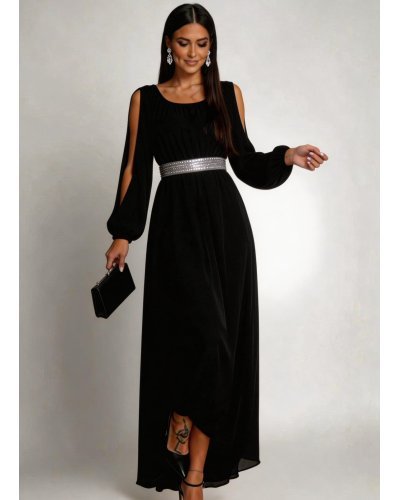 Rochii de Ocazie Elegante, Rochie lunga neagra din voal vaporoasa Afrodita - jojofashion.ro