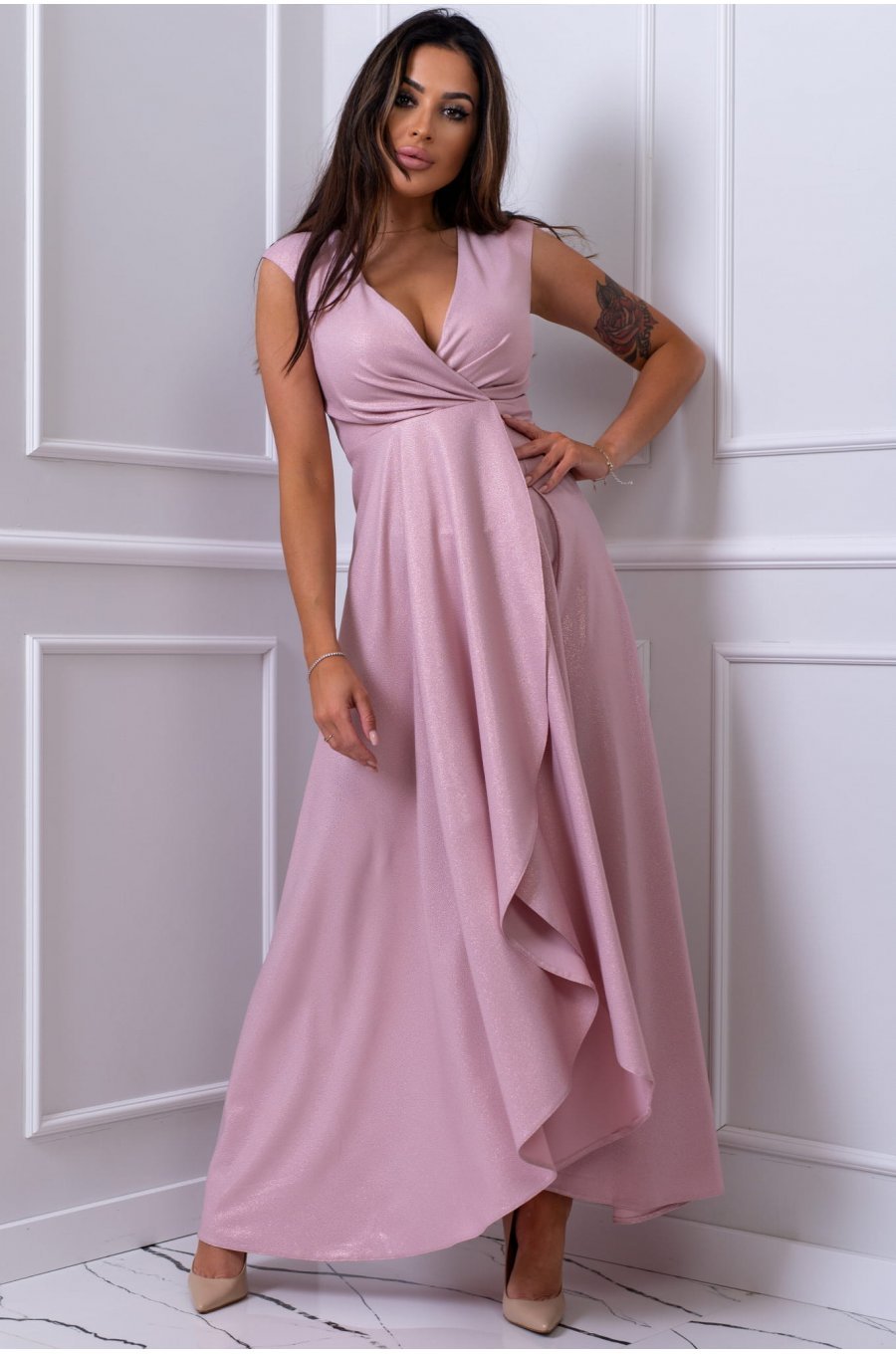 Rochie eleganta lunga, din brocard, roz pal, petrecuta, asimetrica, Gracia 1 - jojofashion.ro